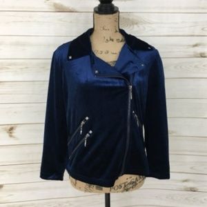Badgley Mischka blue velvet motorcycle jacket